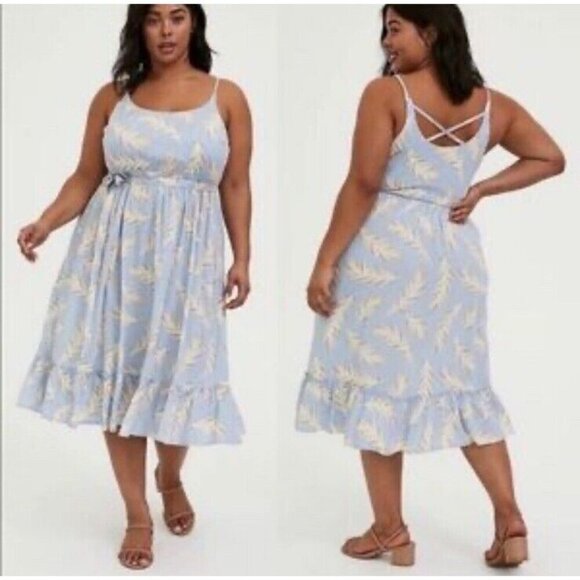 Torrid Light Blue Feather Challis Tie Midi Dress 0 Women’s Large - Picture 2 of 16